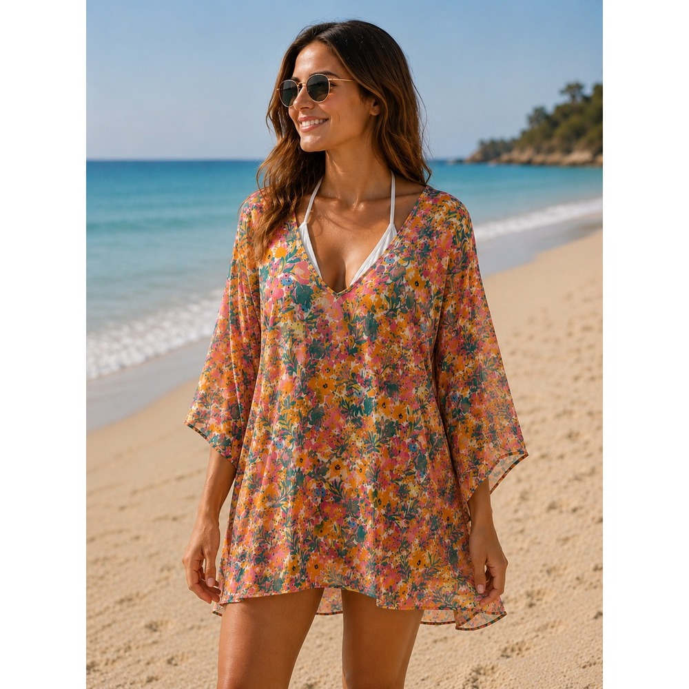 Anne Cole Floral Swim Cover Up Dress V-Neck Bell Sleeve Orange Pink XL/XXL